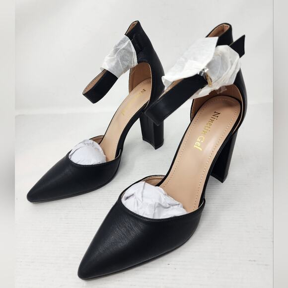 New Black Chunky Heel Shoes Pointed Toe Heels Ankle Strap 4 Inch Heel Size 8.5 - Picture 5 of 7